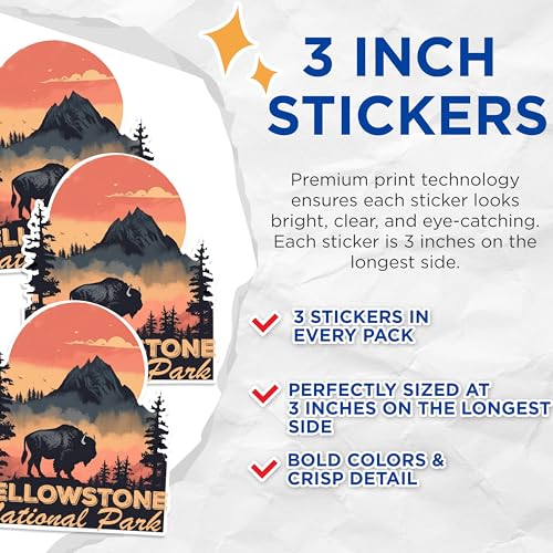(3 Pack) Yellowstone National Park Decals - Buffalo and Mountain - Nature Decals - 3 Inches On Longest Side - Easy Peel & Apply - Made in USA - 3MCS1416