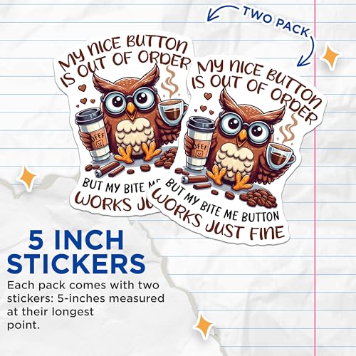 (2 Pack) Funny Owl Stickers - Humor Coffee Stickers - Sarcastic Animal Stickers - 5" On Longest Side - Sticks to Smooth Flat Surfaces - Made in USA - BMCS5950