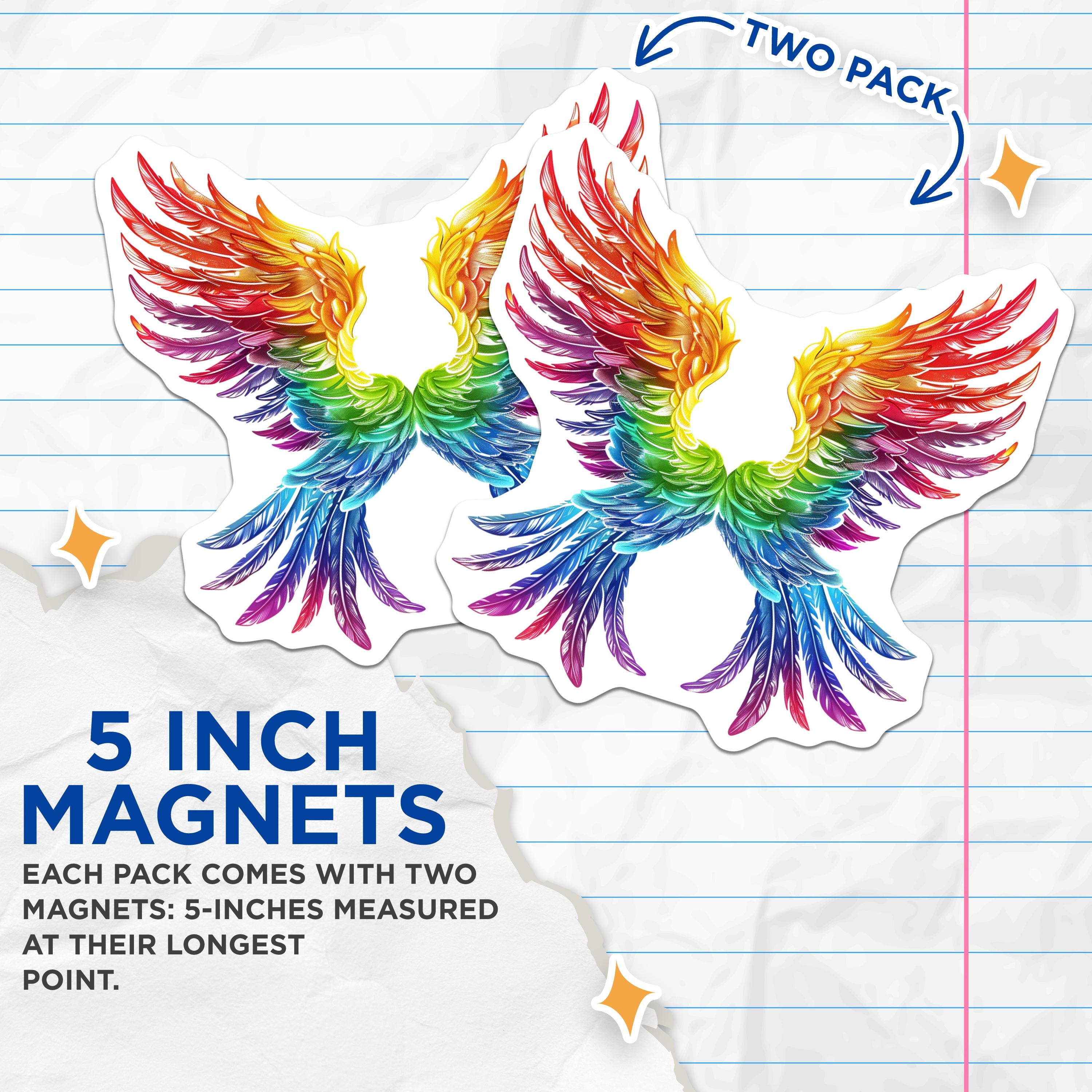 (2 Pack) Rainbow Wings Magnets - LGBTQ Pride Decor - Angelic Fantasy Art - Refrigerator Locker Accent - 5 Inches On Longest Side - Thick Durable Magnet - Made in USA - MAG37037