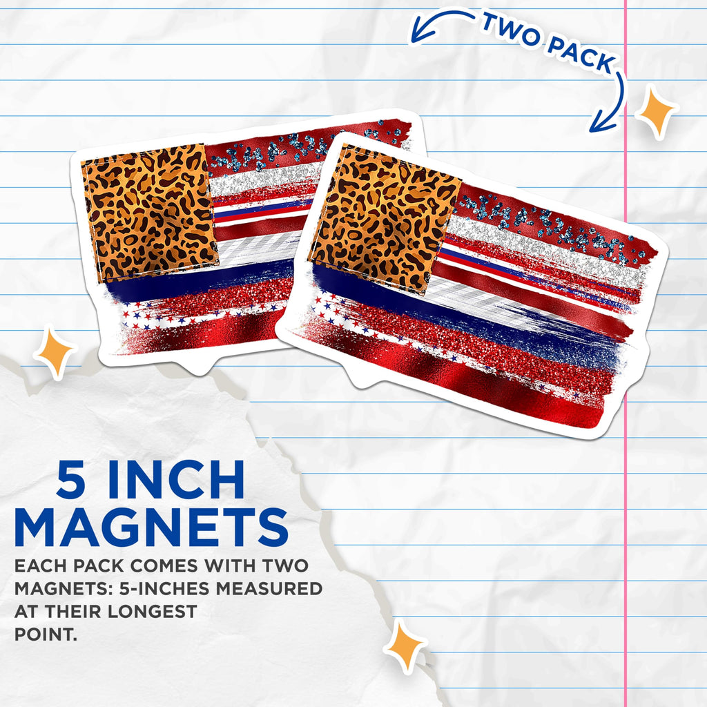 (2 Pack) Leopard American Flag Magnets - Patriotic USA Grunge Decor - Distressed Animal Print Style for Proud Americans - 5 Inches On Longest Side - Thick Durable Magnet - Made in USA - MAG29867
