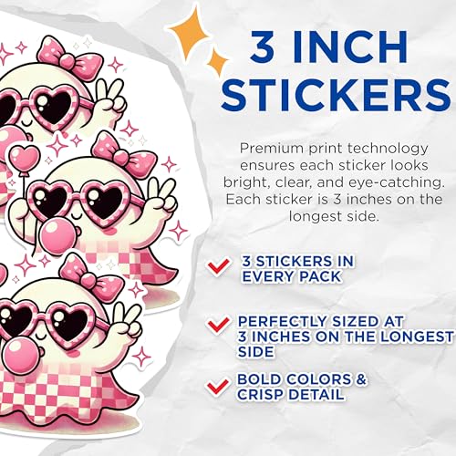 (3 Pack) Kawaii Ghost Decals - Cute Ghost with Heart Glasses - Pink Checkered Ghost Laptop Decal - 3 Inches On Longest Side - Easy Peel & Apply - Made in USA - 3MCS0936