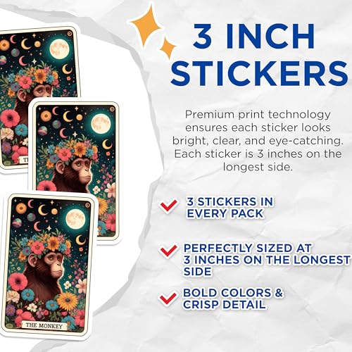 (3 Pack) Monkey Tarot Card Decals - Floral Crown Ape Stickers - Bohemian Laptop Decor - 3 Inches On Longest Side - Easy Peel & Apply - Made in USA - 3MCS4224