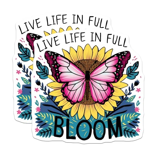 (2 Pack) Live Life in Full Bloom Stickers - Motivational Quotes - Butterfly Sunflower Art - 5" On Longest Side - Sticks to Smooth Flat Surfaces - Made in USA - BMCS8946