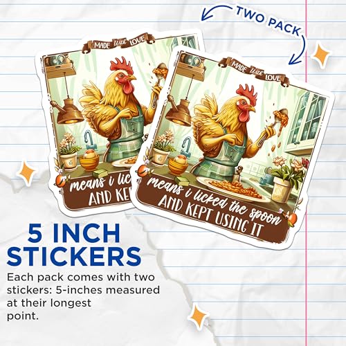 (2 Pack) Funny Kitchen Stickers - Chicken Chef Stickers - Vintage Chicken Designs for Your Kitchen - 5" On Longest Side - Sticks to Smooth Flat Surfaces - Made in USA - BMCS4362