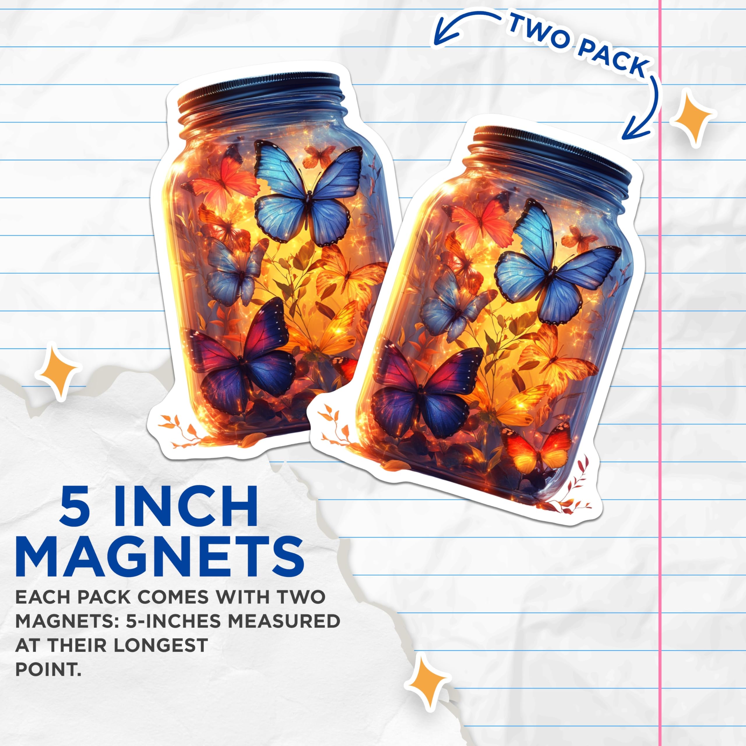 (2 Pack) Glowing Butterfly Jar Magnets - Enchanted Mason Jar Decor - Whimsical Fridge Art - 5 Inches On Longest Side - Thick Durable Magnet - Made in USA - MAG29882