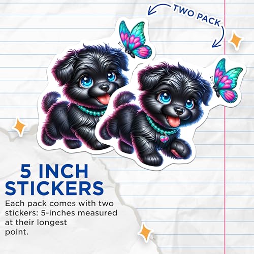 (2 Pack) Cute Puppy Stickers - Dog with Butterfly - Colorful Pet Stickers - 5" On Longest Side - Sticks to Smooth Flat Surfaces - Made in USA - BMCS9602