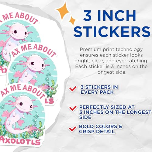 (3 Pack) Axolotl Decals - Ax Me About Axolotls - Cute Amphibian Decals - 3 Inches On Longest Side - Easy Peel & Apply - Made in USA - 3MCS6553