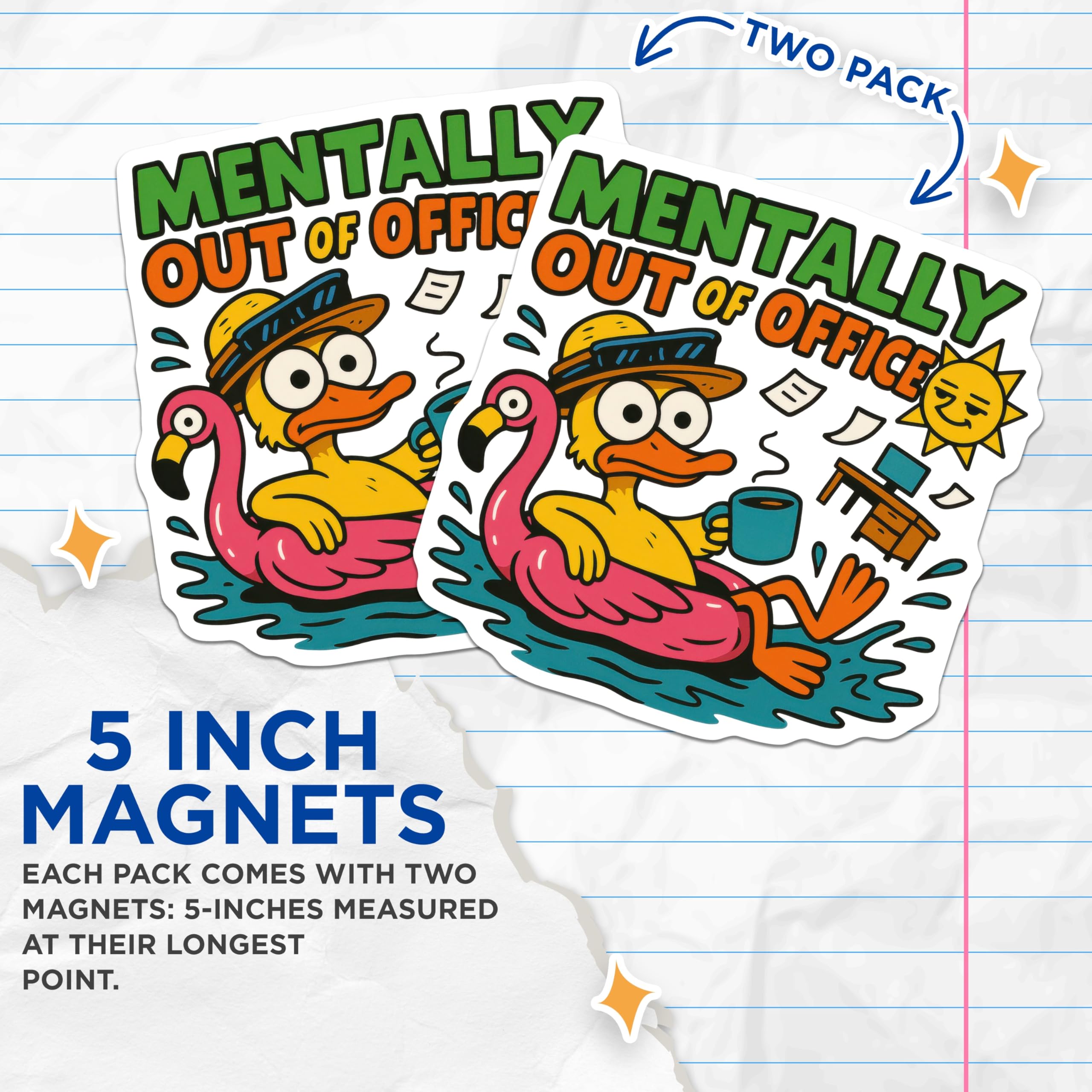 (2 Pack) Mentally Out of Office Magnets - Funny Duck Vacation Mode - Work Humor Refrigerator Decor - Chill Summer Vibes - 5 Inches On Longest Side - Thick Durable Magnet - Made in USA - MAG22854