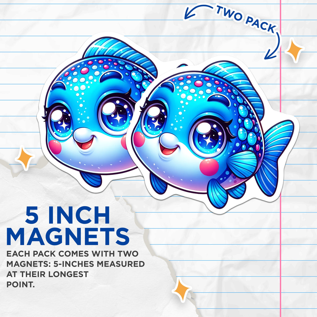 (2 Pack) Cute Blue Fish Magnets - Kawaii Ocean Animal Refrigerator Decor - Adorable Sea Creature Locker Magnet Art - 5 Inches On Longest Side - Thick Durable Magnet - Made in USA - MAG39660