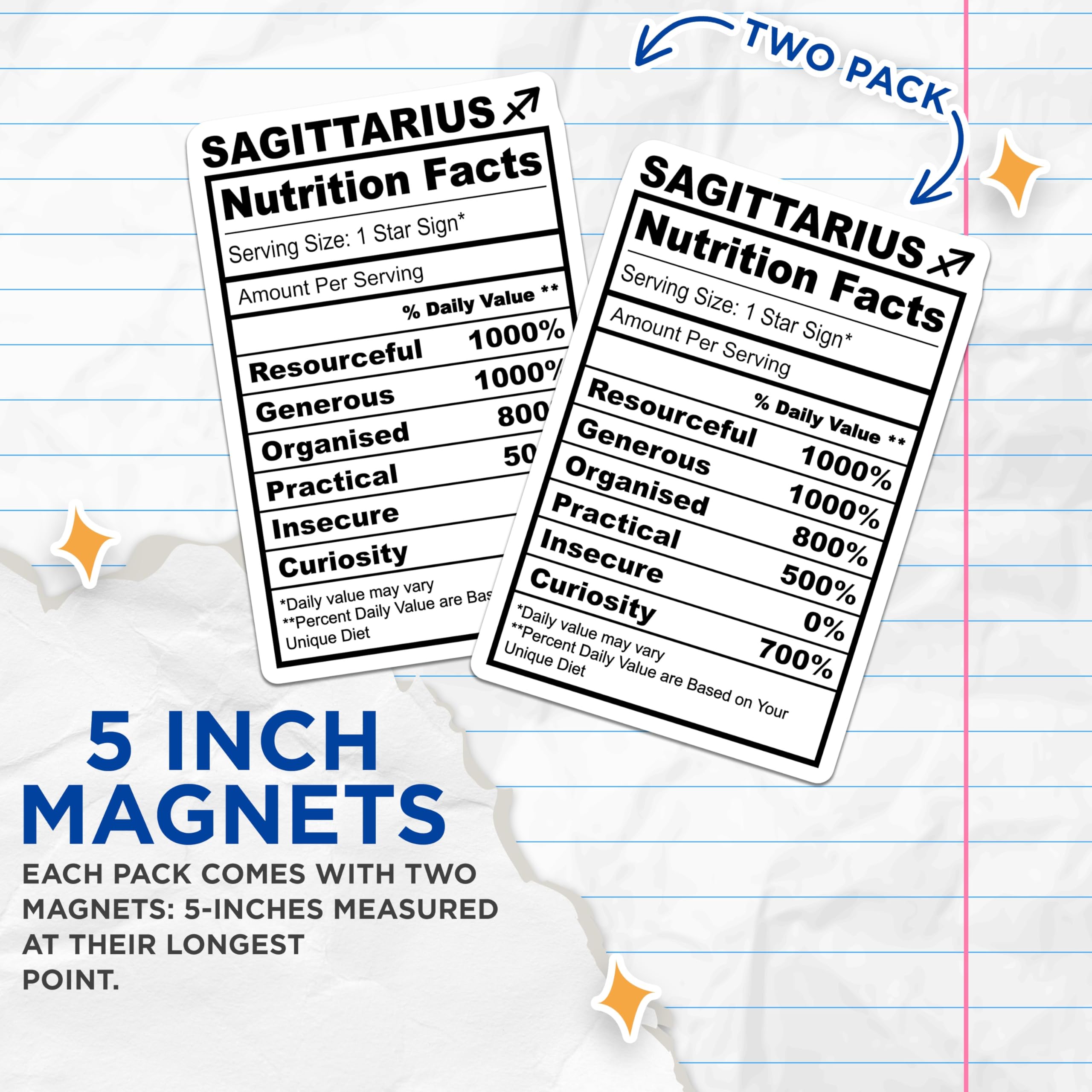 (2 Pack) Sagittarius Magnets - Zodiac Sign - Nutrition Facts Funny Fridge Magnet - 5" On Longest Side - Premium Magnet - for Cars, Refrigerators, Toolboxes, Lockers - Made in USA - MAG15193