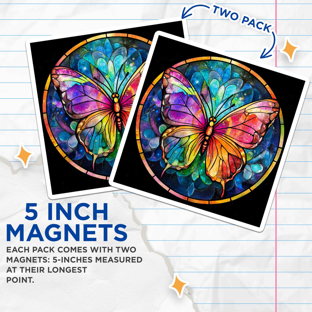 (2 Pack) Stained Glass Butterfly Magnets - Vibrant Mandala Art - Nature Inspired Decor - 5 Inches On Longest Side - Thick Durable Magnet - Made in USA - MAG28258
