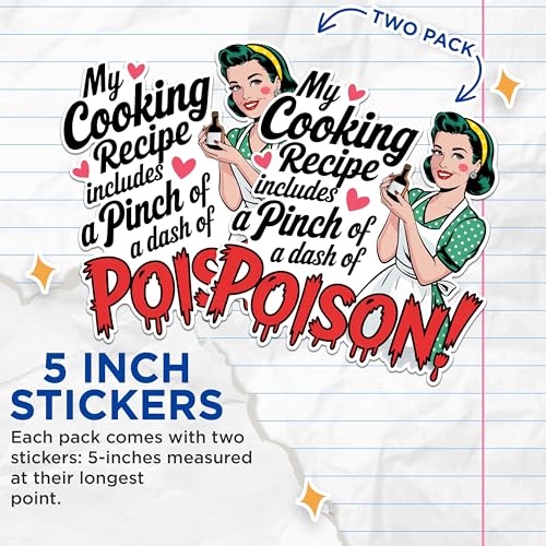 (2 Pack) Retro Cooking Stickers - Funny Kitchen Humor Stickers - Vintage Recipe Stickers - 5" On Longest Side - Sticks to Any Smooth Flat Surface - Made in USA - BMCS2576