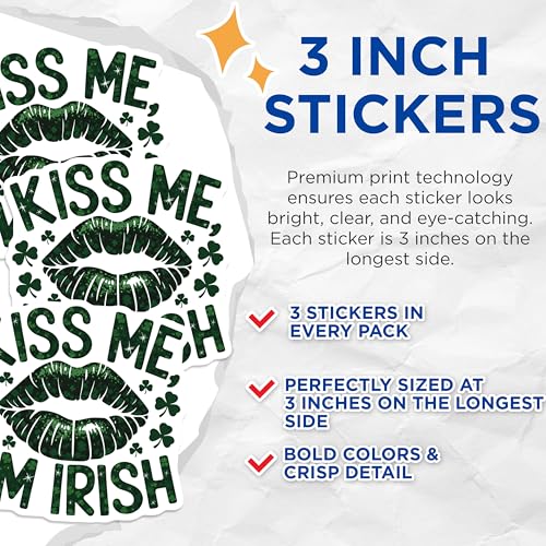 (3 Pack) Kiss Me Im Irish Decals - St Patricks Day Decals - Irish Lips Clover Decal- 3 Inches On Longest Side - Easy Peel & Apply - Made in USA - 3MCS5619