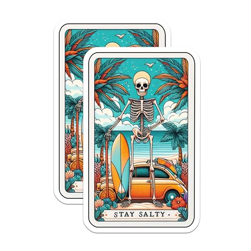 (2 Pack) Stay Salty Stickers - Skeleton Surf Stickers - Beach Vibes Decor - 5" On Longest Side - Sticks to Smooth Flat Surfaces - Made in USA - BMCS5327