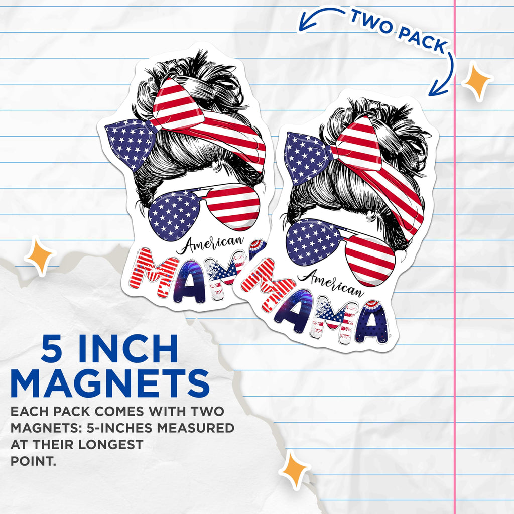 (2 Pack) American Mama Messy Bun Magnets - Patriotic Mom Life Design - USA Flag Accessory Decor - 5 Inches On Longest Side - Thick Durable Magnet - Made in USA - MAG28173