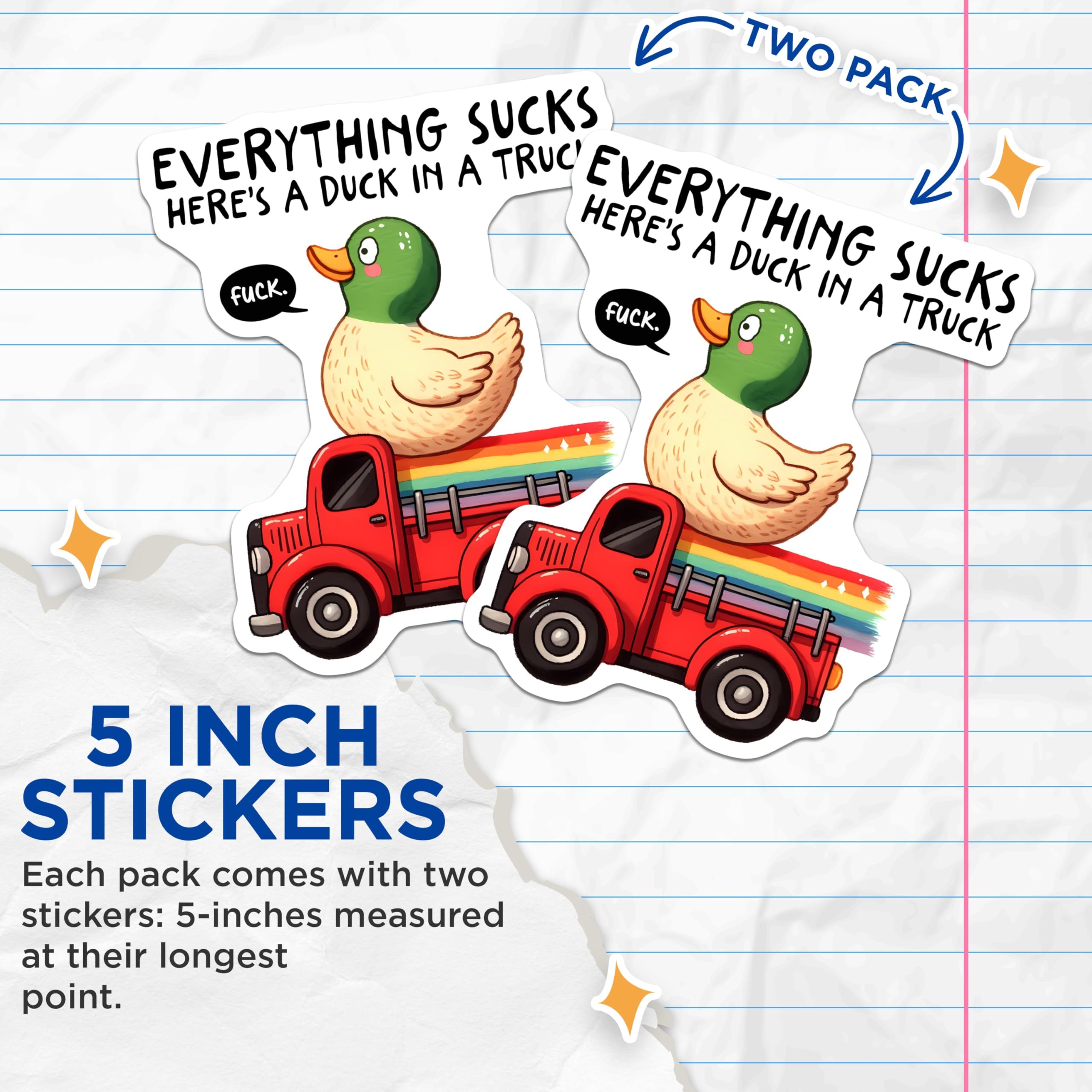 (2 Pack) Everything Sucks Stickers - Funny Duck Stickers - Novelty Truck Stickers - 5" On Longest Side - Sticks to Smooth Flat Surfaces - Made in USA - BMCS9670