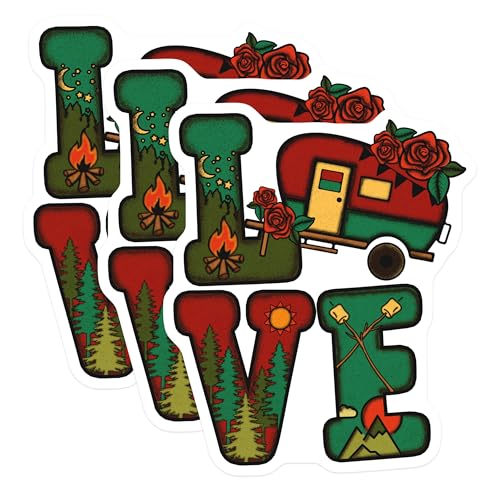 (3 Pack) Camping Decals - Love Decal - RV Camper - Adventure Decals - 3 Inches On Longest Side - Easy Peel & Apply - Made in USA - 3MCS2950