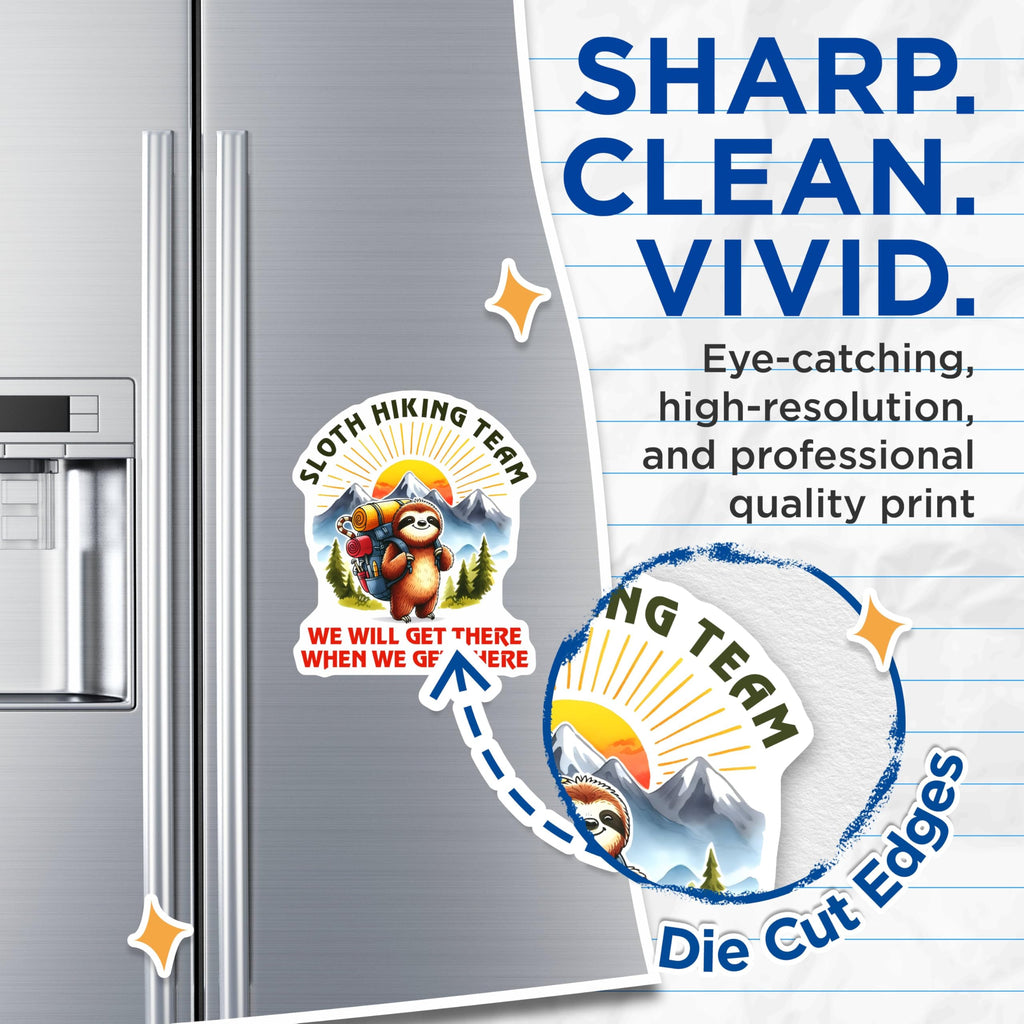 (2 Pack) Sloth Hiking Team Magnets - Cute Sloth Hiking Magnets - Sloth Hiking Meme Magnets - 5" On Longest Side - for Cars, Refrigerators, Toolboxes, Lockers - Made in USA BMCS3276