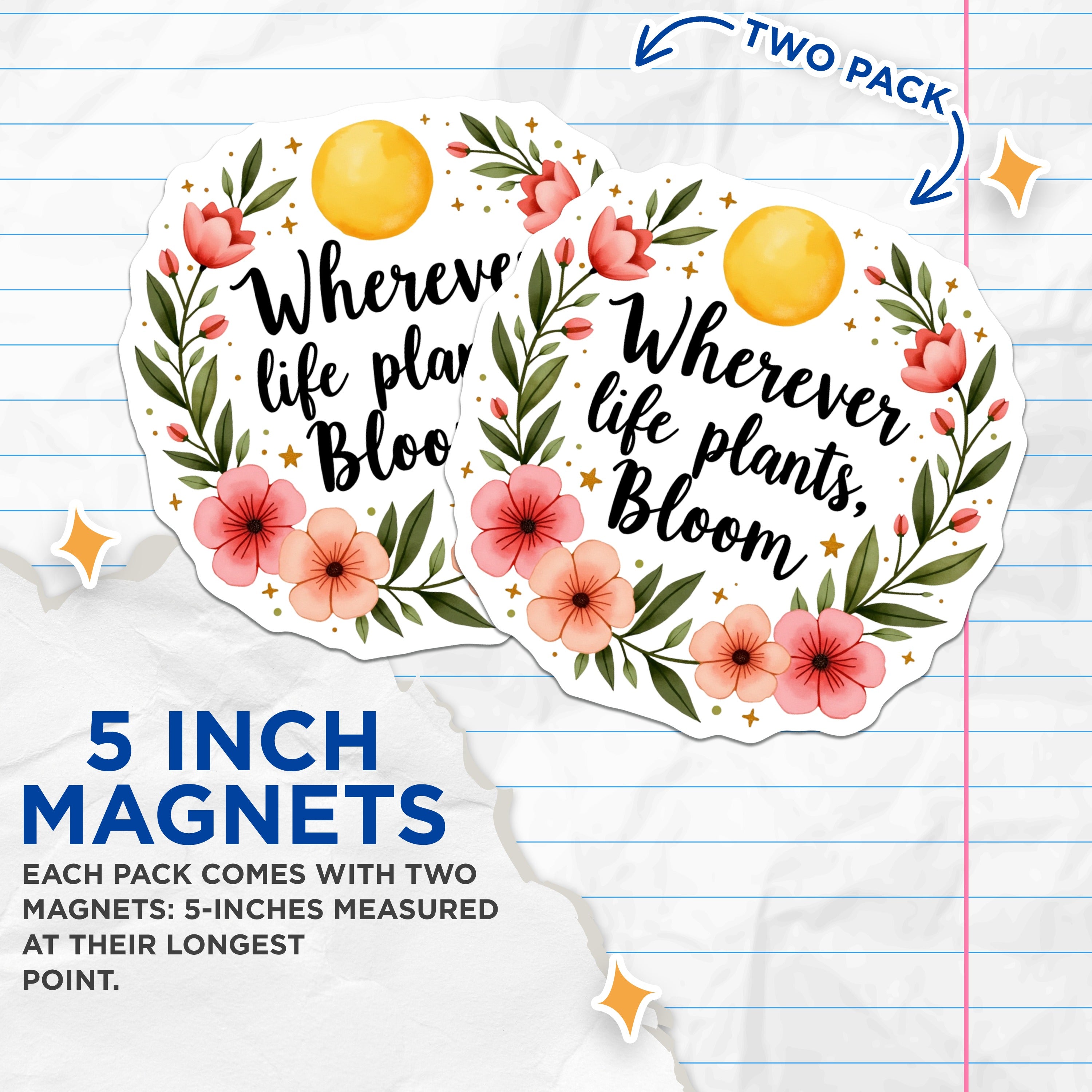 (2 Pack) Wherever Life Plants Bloom Magnets - Inspirational Floral Decor - Positive Affirmation Fridge Art - 5 Inches On Longest Side - Thick Durable Magnet - Made in USA - MAG37296