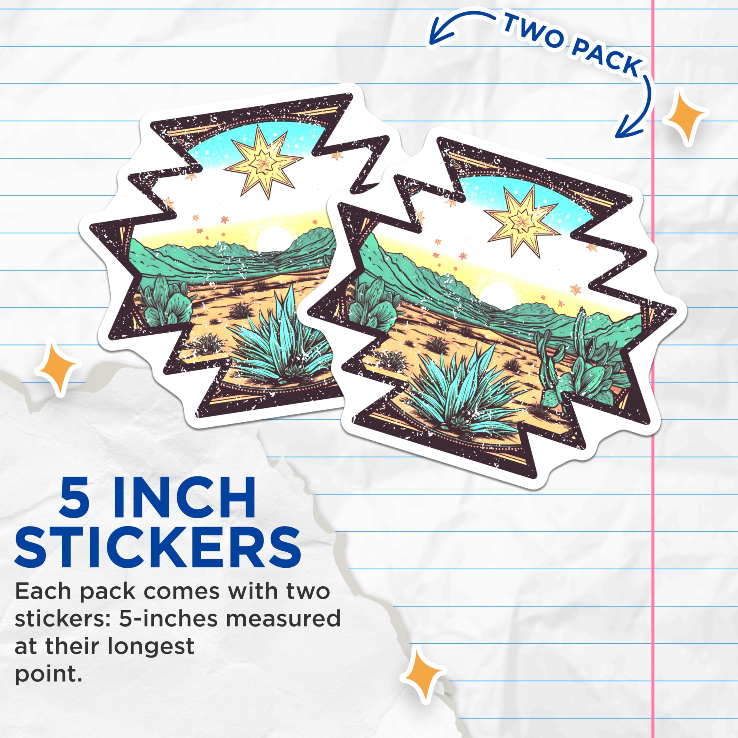 (2 Pack) Desert Landscape Stickers - Southwestern Art - Cactus and Star Graphics - 5" On Longest Side - Sticks to Smooth Flat Surfaces - Made in USA - BMCS8657