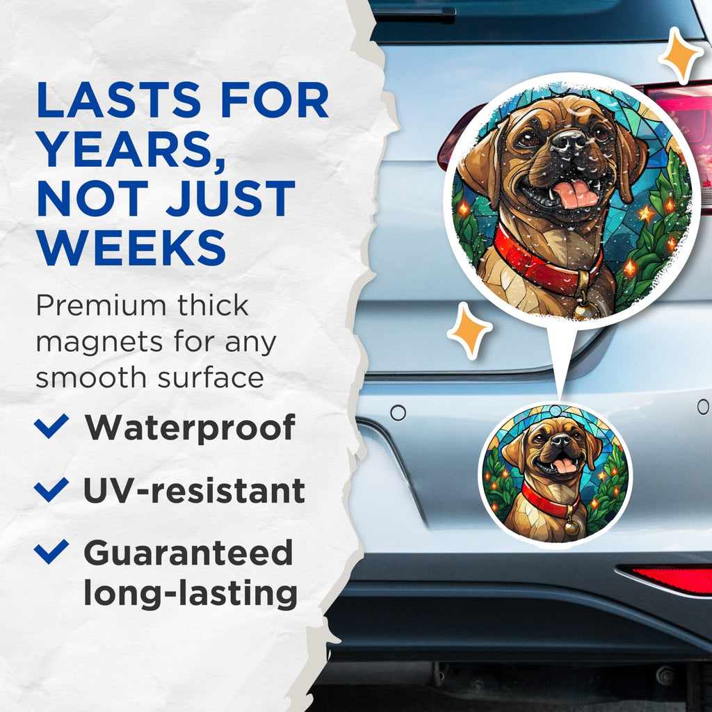 (2 Pack) Stained Glass Puppy Magnets - Happy Christmas Dog Art - Festive Holiday Pet Fridge Locker Display Accent for Home - 5 Inches On Longest Side - Thick Durable Magnet - Made in USA - MAG24750
