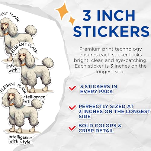 (3 Pack) Poodle Dog Decals - Elegant Flair - Intelligence with Style - Laptop Decal - 3 Inches On Longest Side - Easy Peel & Apply - Made in USA - 3MCS1255
