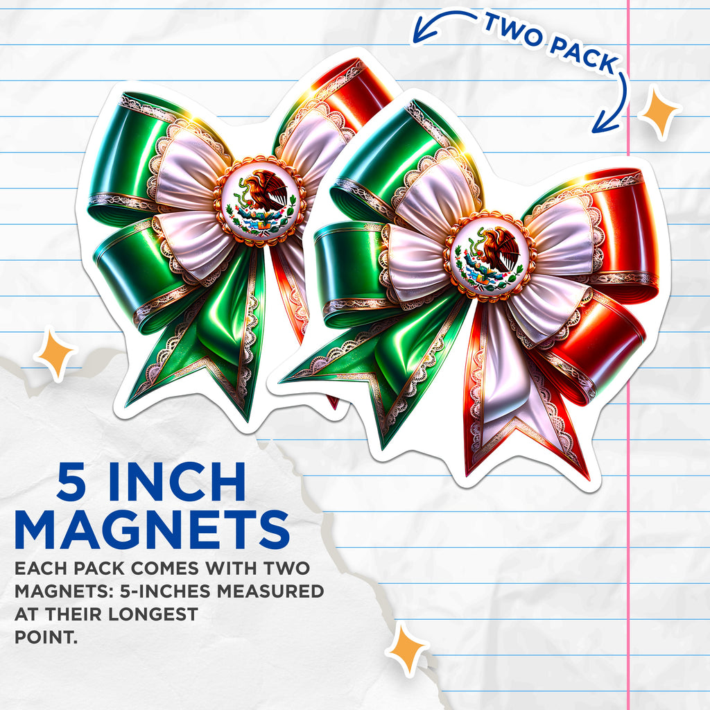(2 Pack) Mexican Flag Bow Magnets - Mexico National Emblem Decor - Cinco de Mayo Celebration - Fiestas Patrias Cultural Item - 5 Inches On Longest Side - Thick Durable Magnet - Made in USA - MAG36453