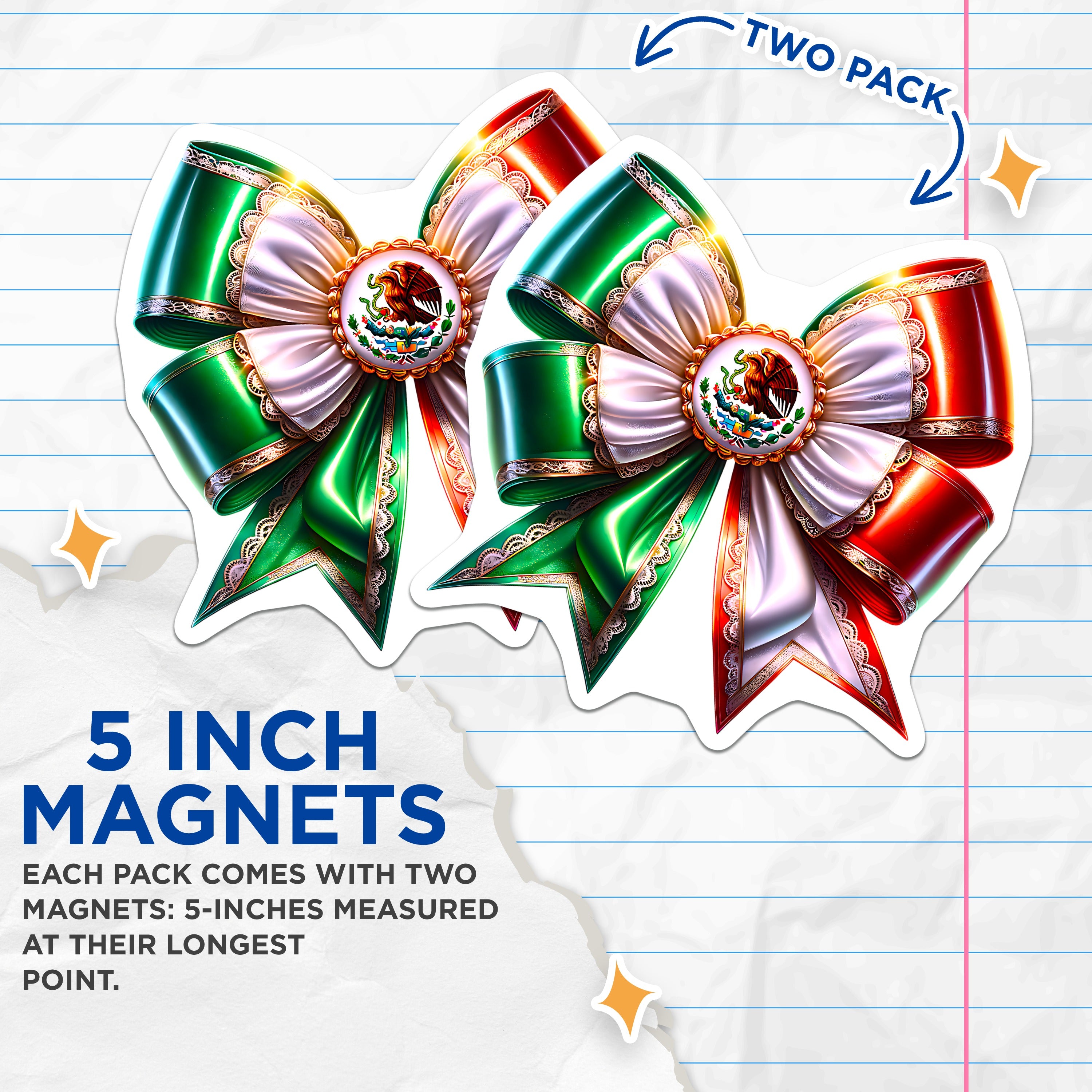 (2 Pack) Mexican Flag Bow Magnets - Mexico National Emblem Decor - Cinco de Mayo Celebration - Fiestas Patrias Cultural Item - 5 Inches On Longest Side - Thick Durable Magnet - Made in USA - MAG36453