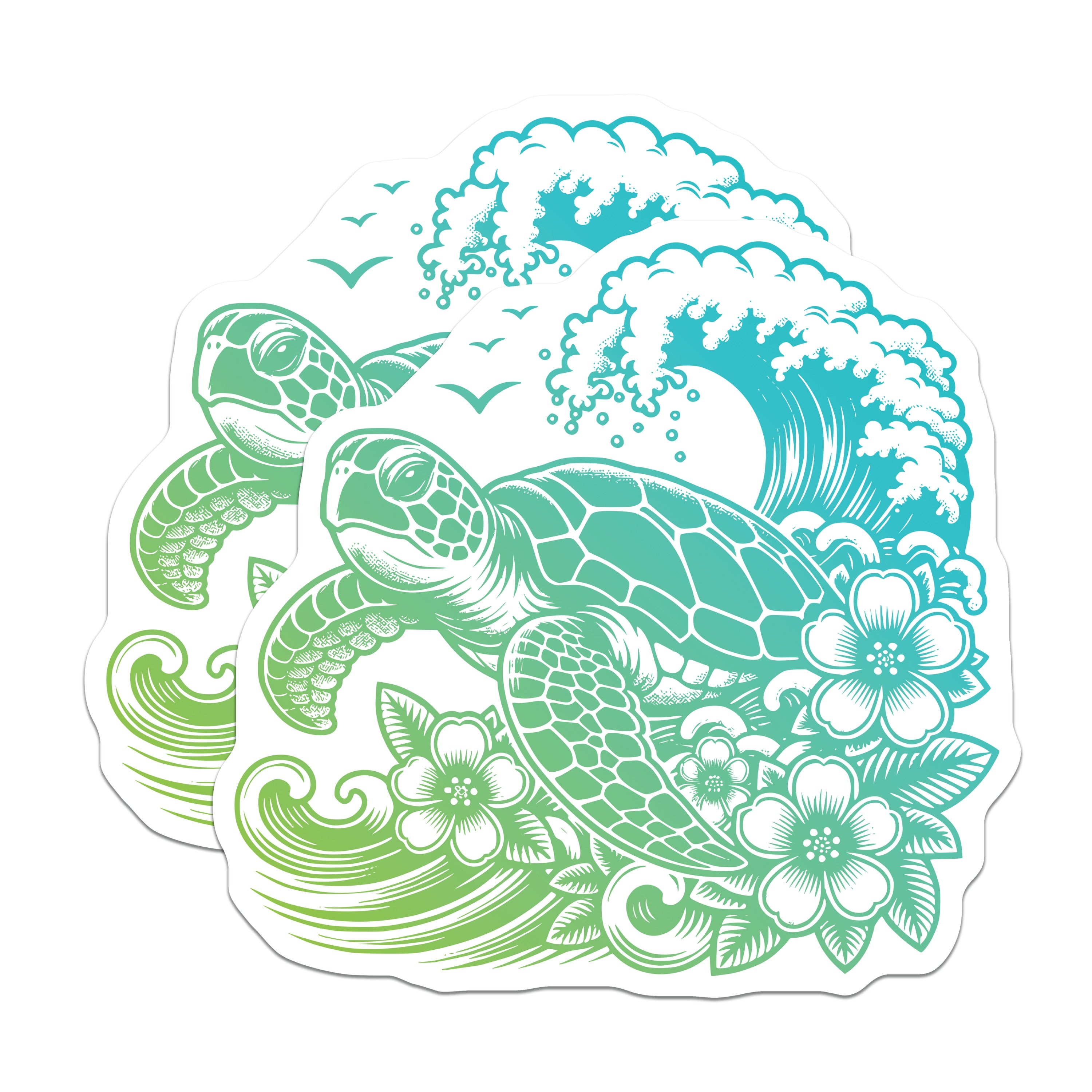 (2 Pack) Sea Turtle Ocean Wave Magnets - Tropical Floral Art - Hawaiian Coastal Decor - Marine Animal Refrigerator - 5 Inches On Longest Side - Thick Durable Magnet - Made in USA - MAG37774