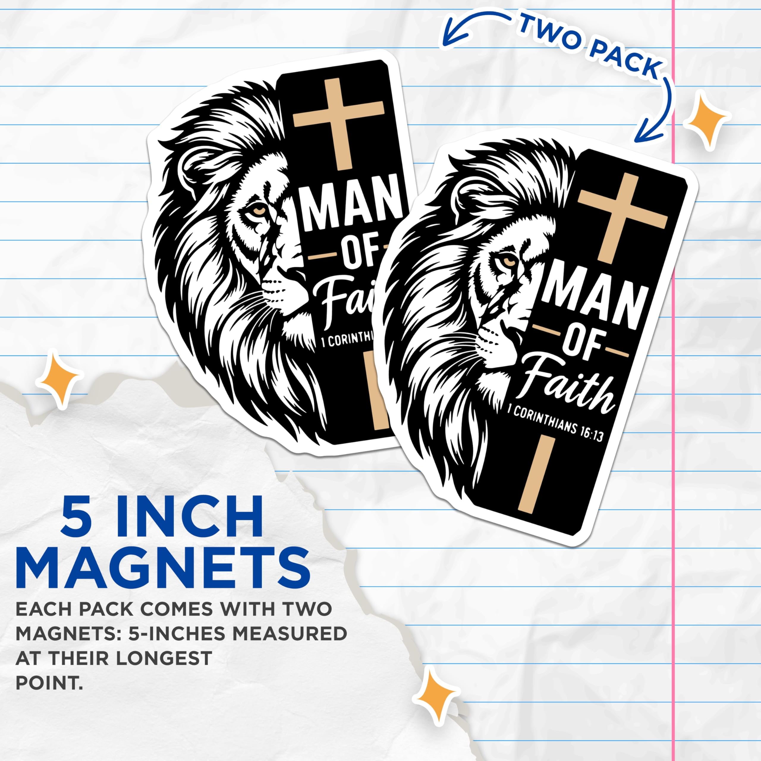 (2 Pack) Christian Lion Magnets - Religious Fridge Decor - Man of Faith Inspiration - 5" On Longest Side - Premium Magnet - for Cars, Refrigerators, Toolboxes, Lockers - Made in USA - MAG15598