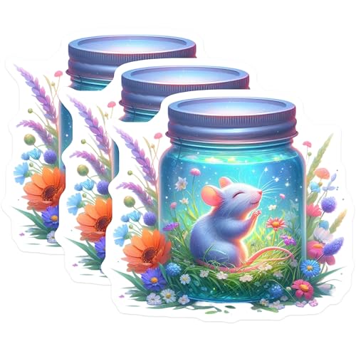 (3 Pack) Mouse in Jar Decals - Cute Rodent Stickers - Floral Meadow Decal - 3 Inches On Longest Side - Easy Peel & Apply - Made in USA - 3MCS8130