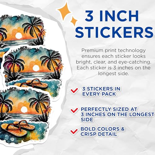 (3 Pack) Beach Scene Decals - Flip Flops Decor - Palm Tree Stickers - 3 Inches On Longest Side - Easy Peel & Apply - Made in USA - 3MCS8089