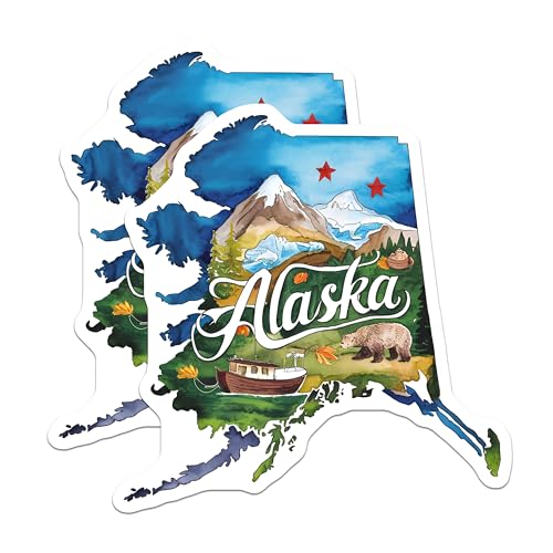 (2 Pack) Alaska State Stickers - Nature Art - Adventure Outdoor Exploration - 5" On Longest Side - Sticks to Smooth Flat Surfaces - Made in USA - BMCS6272