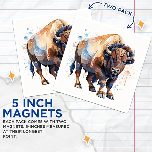 (2 Pack) Buffalo Bison Magnets Magnets - Watercolor Animal Art - 5" On Longest Side - Made in USA - Sticks to Refrigerators & Metal Surfaces - MAG8679