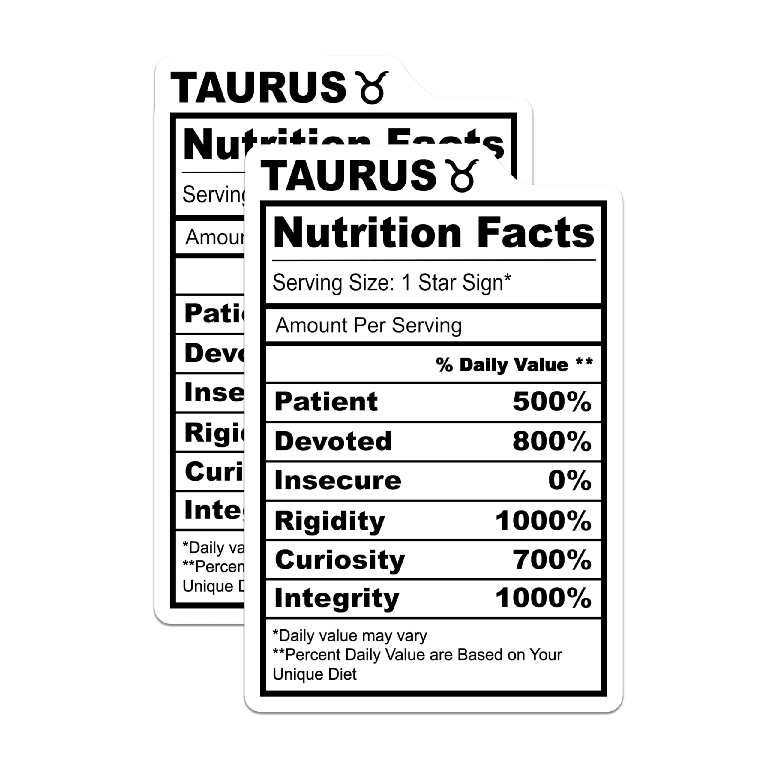 (2 Pack) Taurus Nutrition Facts Magnets - Zodiac Star Sign Decor - Horoscope Funny Magnets - 5" On Longest Side - Premium Magnet - for Cars, Refrigerators, Toolboxes, Lockers - Made in USA - MAG14527