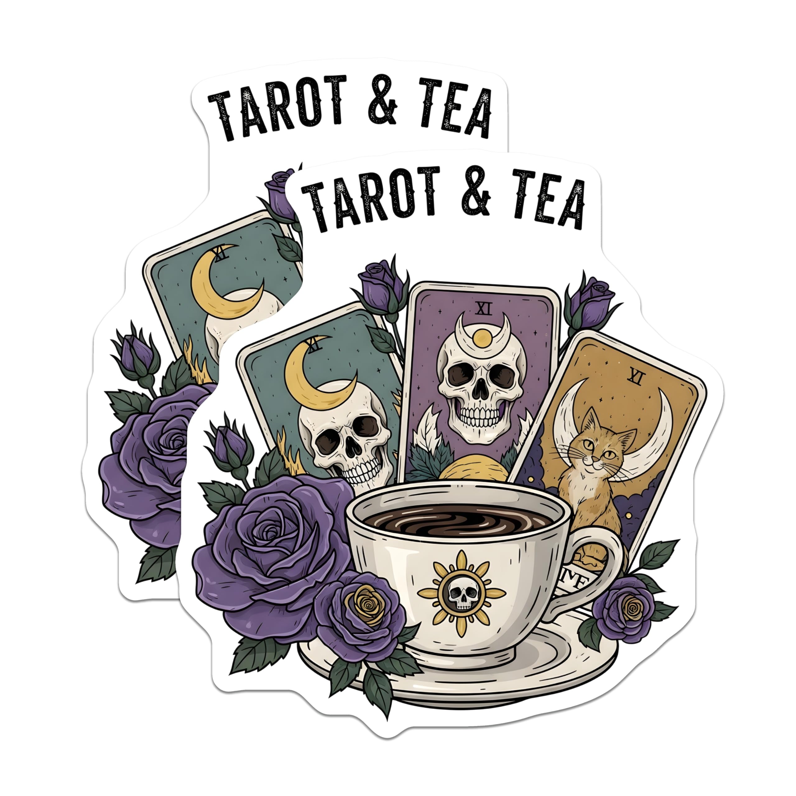 (2 Pack) Tarot and Tea Stickers - Mystical Sticker - Witchy Sticker - 5" On Longest Side - Sticks to Smooth Flat Surfaces - Made in USA - BMCS18137