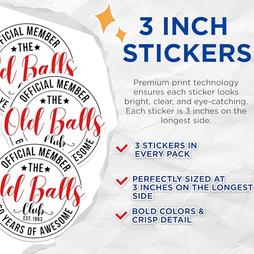 (3 Pack) Old Balls Club Decals - 60 Years Awesome - Funny Decal - 3 Inches On Longest Side - Easy Peel & Apply - Made in USA - 3MCS4001