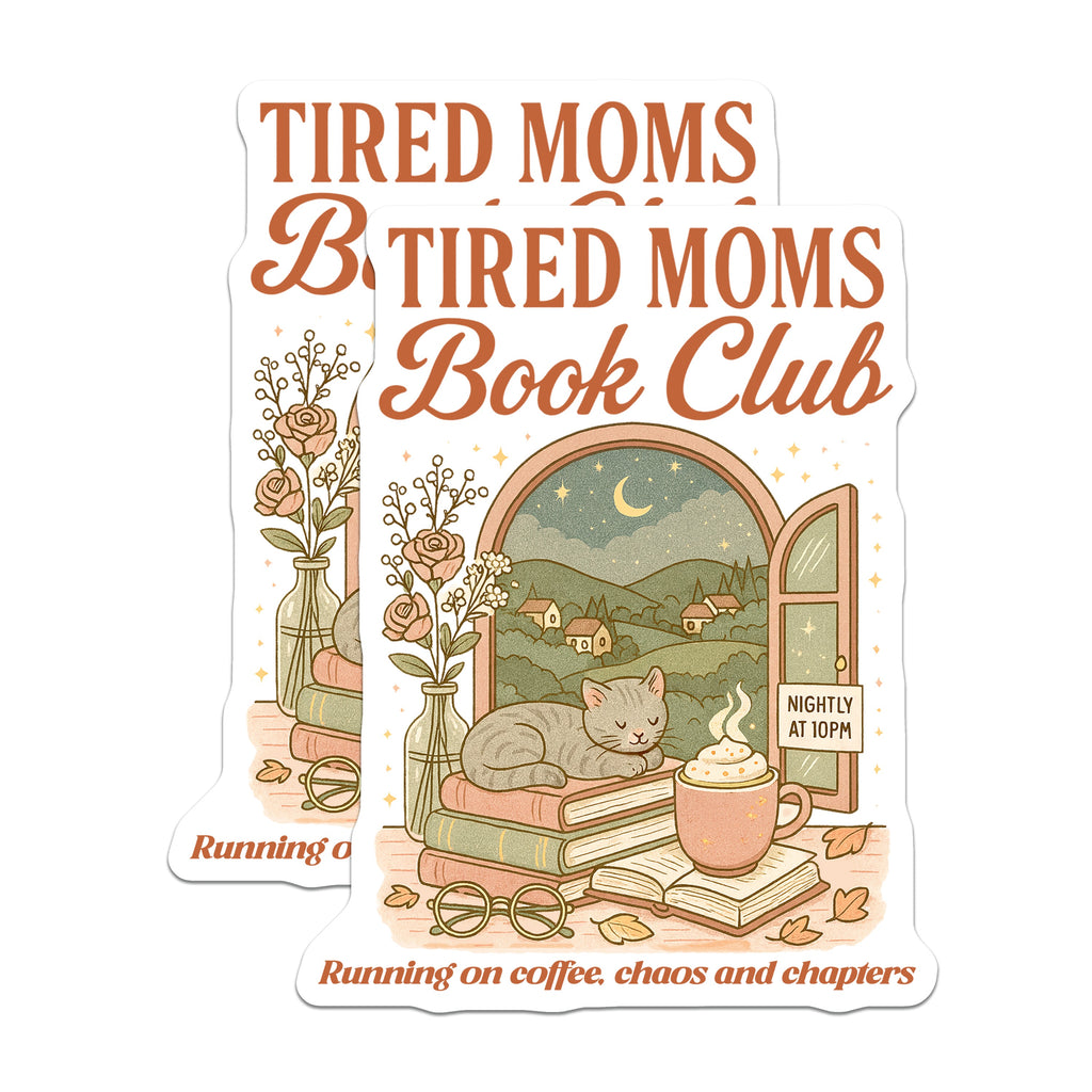 (2 Pack) Tired Moms Book Club Magnets - Cozy Reader Night Aesthetic - Cat Lover Home Refrigerator Decor - 5 Inches On Longest Side - Thick Durable Magnet - Made in USA - MAG39554