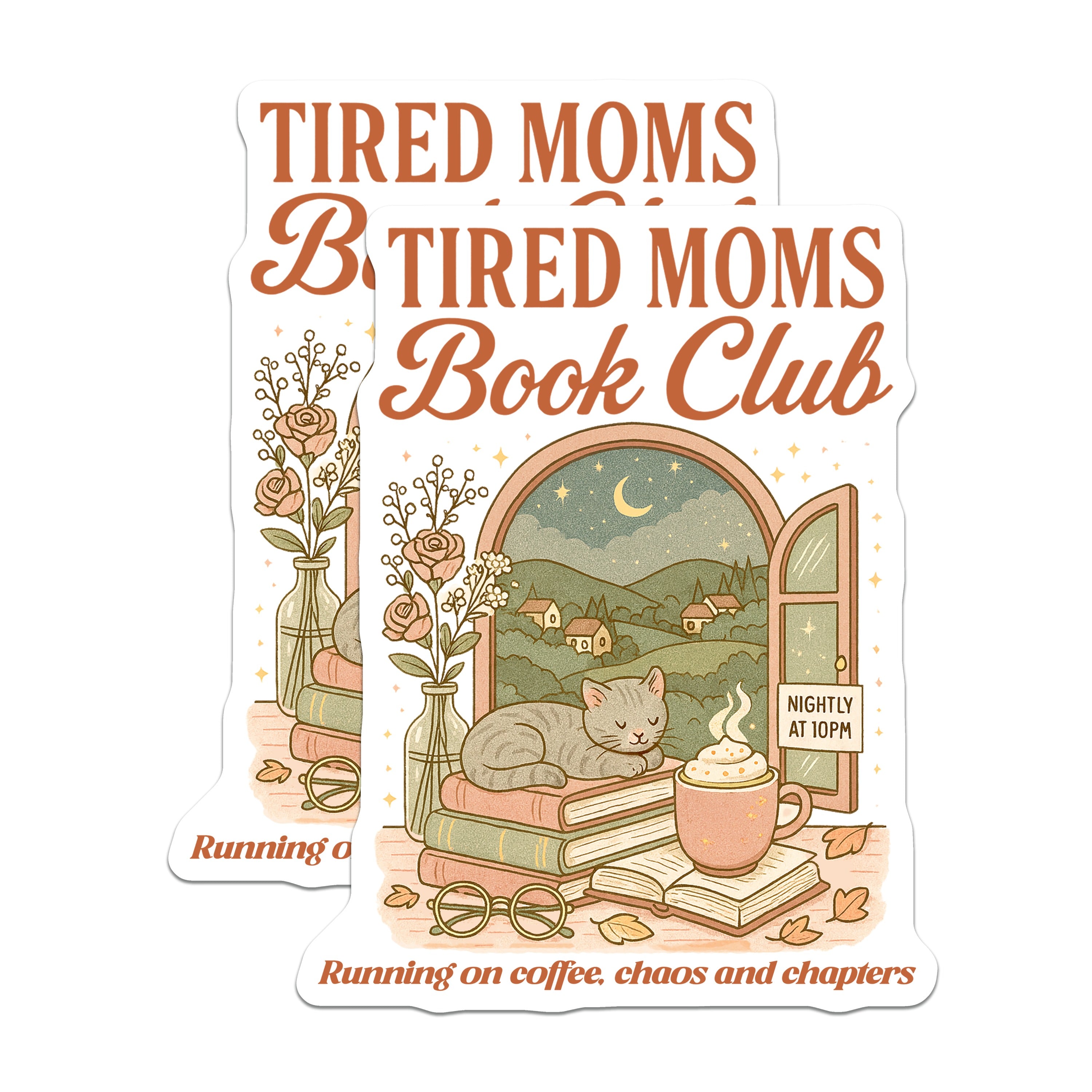 (2 Pack) Tired Moms Book Club Magnets - Cozy Reader Night Aesthetic - Cat Lover Home Refrigerator Decor - 5 Inches On Longest Side - Thick Durable Magnet - Made in USA - MAG39554