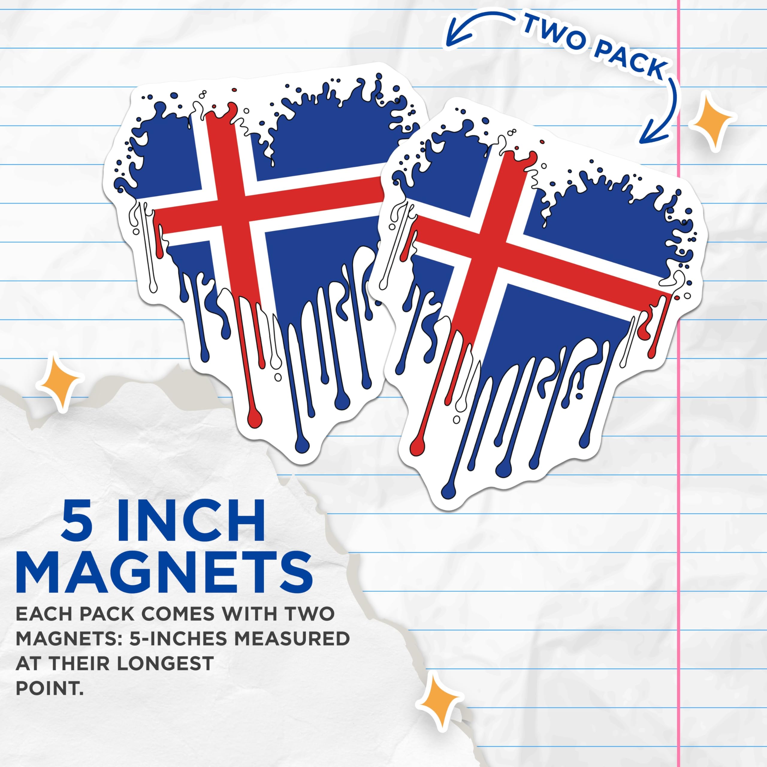 (2 Pack) Iceland Flag Magnets - Dripping Icelandic Souvenir - Country Pride Fridge Decor - 5" On Longest Side - Premium Magnet - for Cars, Refrigerators, Toolboxes, Lockers - Made in USA - MAG18264