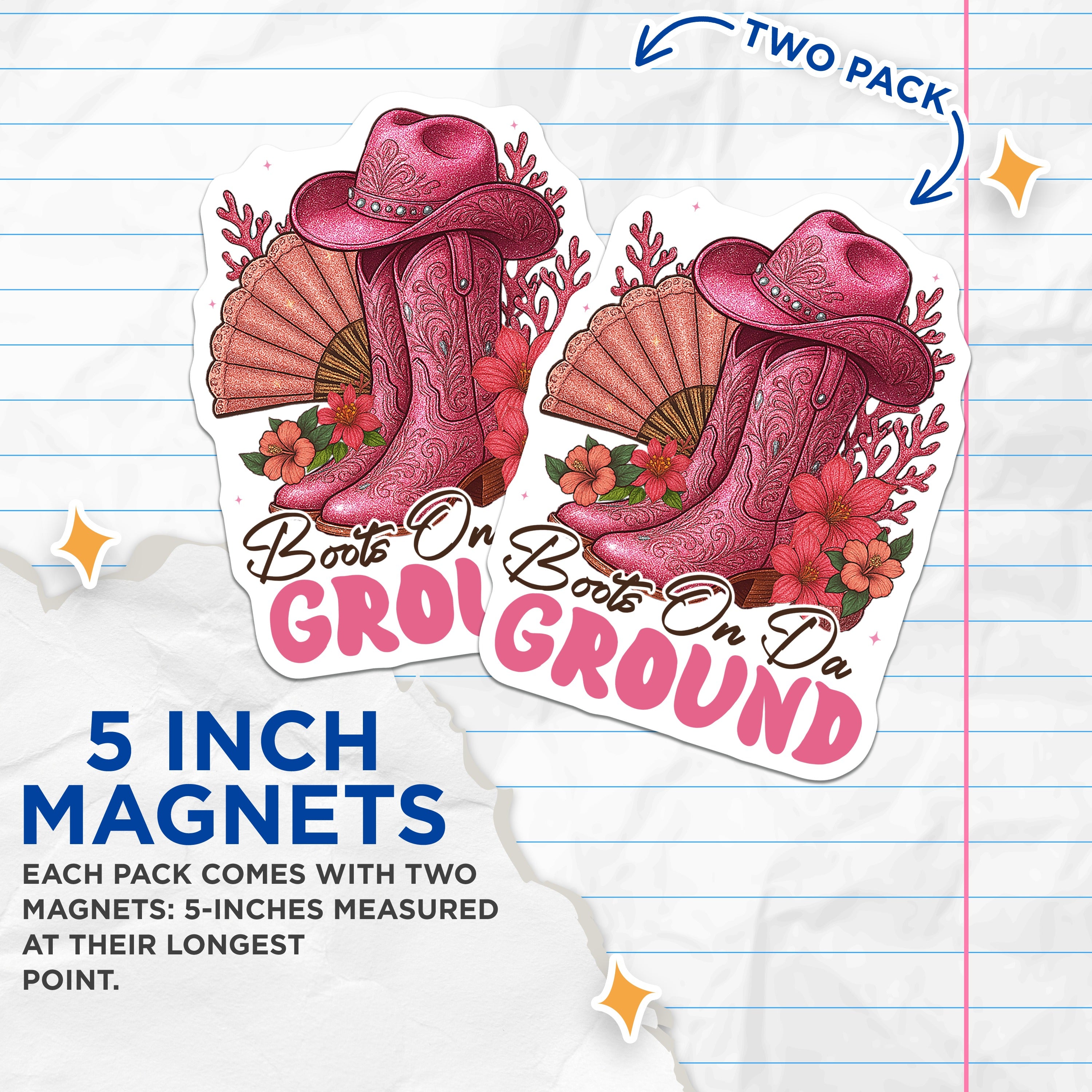 (2 Pack) Pink Cowgirl Boots Magnets - Boots On Da Ground - Nashville Bachelorette Party Decor - 5 Inches On Longest Side - Thick Durable Magnet - Made in USA - MAG37457