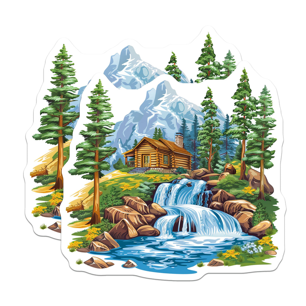 (2 Pack) Mountain Cabin Magnets - Waterfall Landscape Scene - Rustic Nature Adventure - 5 Inches On Longest Side - Thick Durable Magnet - Made in USA - MAG38967