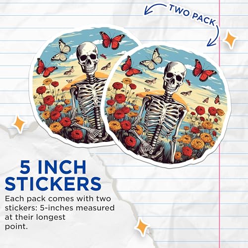 (2 Pack) Artistic Skeleton Stickers - Floral Skeleton Design - Skull and Flowers Sticker Art - 5" On Longest Side - Sticks to Smooth Flat Surfaces - Made in USA - BMCS4246