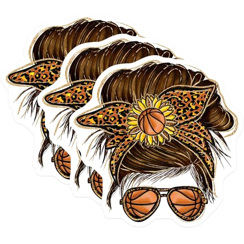 (3 Pack) Basketball Mom Decals - Messy Bun Sunflower - Leopard Print Stickers - 3 Inches On Longest Side - Easy Peel & Apply - Made in USA - 3MCS4961