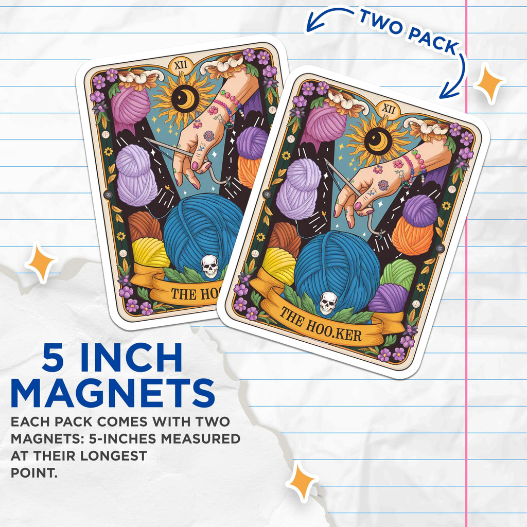 (2 Pack) Crochet Yarn Magnets - The Hooker Tarot Card - Crafting Humor Fridge Decor - 5 Inches On Longest Side - Thick Durable Magnet - Made in USA - MAG21427