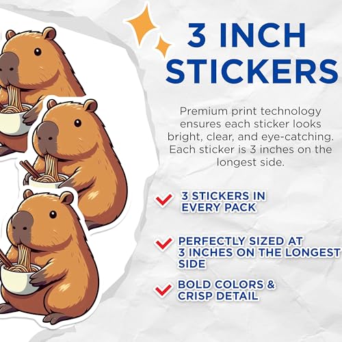 (3 Pack) Capybara Ramen Decals - Anime Foodie - Cute Laptop Stickers - 3 Inches On Longest Side - Easy Peel & Apply - Made in USA - 3MCS8672