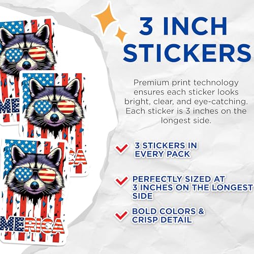 (3 Pack) Raccoon America Decals - Patriotic Raccoon - USA Decals- 3 Inches On Longest Side - Easy Peel & Apply - Made in USA - 3MCS5721