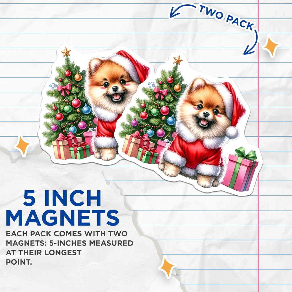(2 Pack) Pomeranian Christmas Magnets - Santa Puppy Holiday Decor - Cute Dog Fridge Accents - 5 Inches On Longest Side - Thick Durable Magnet - Made in USA - MAG26601