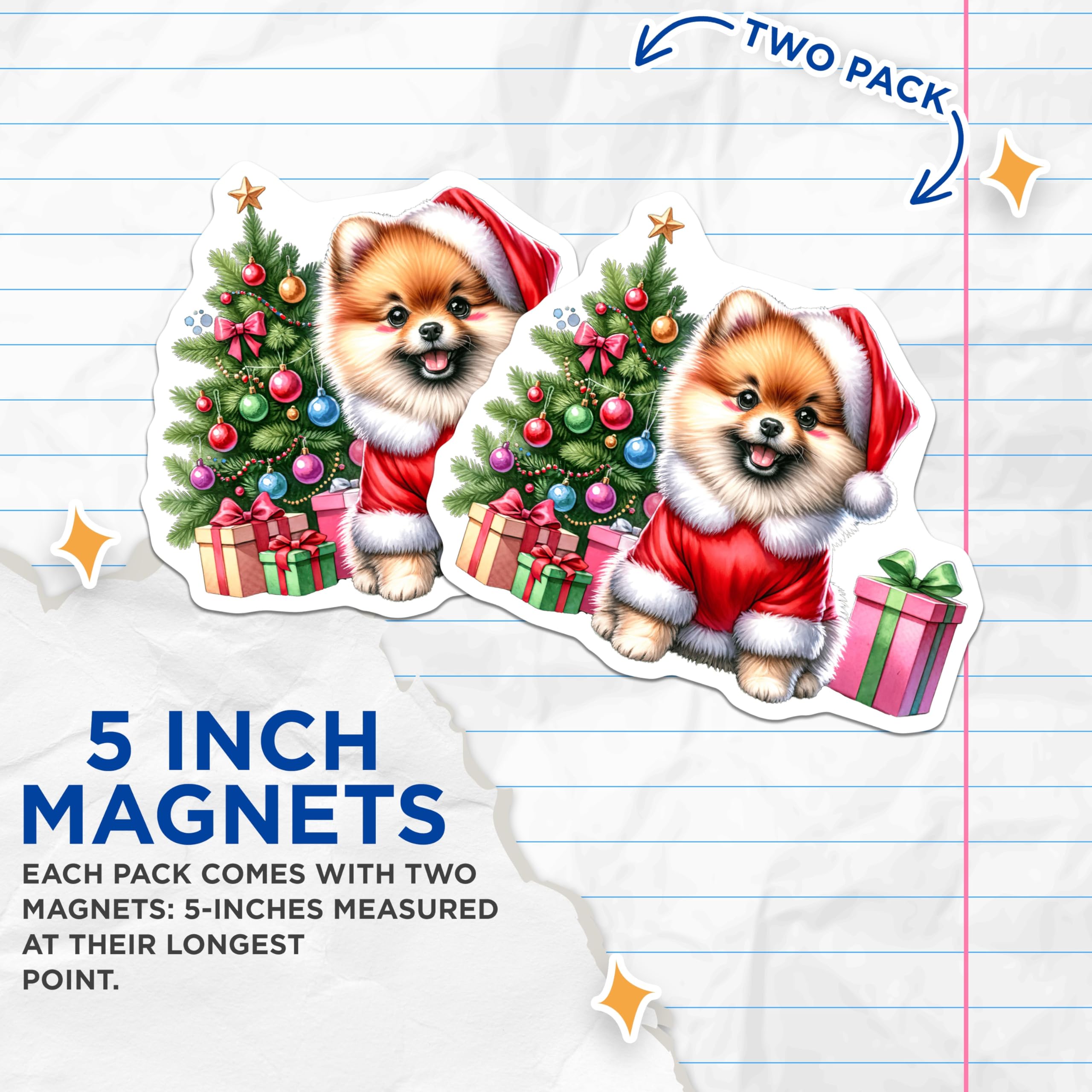 (2 Pack) Pomeranian Christmas Magnets - Santa Puppy Holiday Decor - Cute Dog Fridge Accents - 5 Inches On Longest Side - Thick Durable Magnet - Made in USA - MAG26601