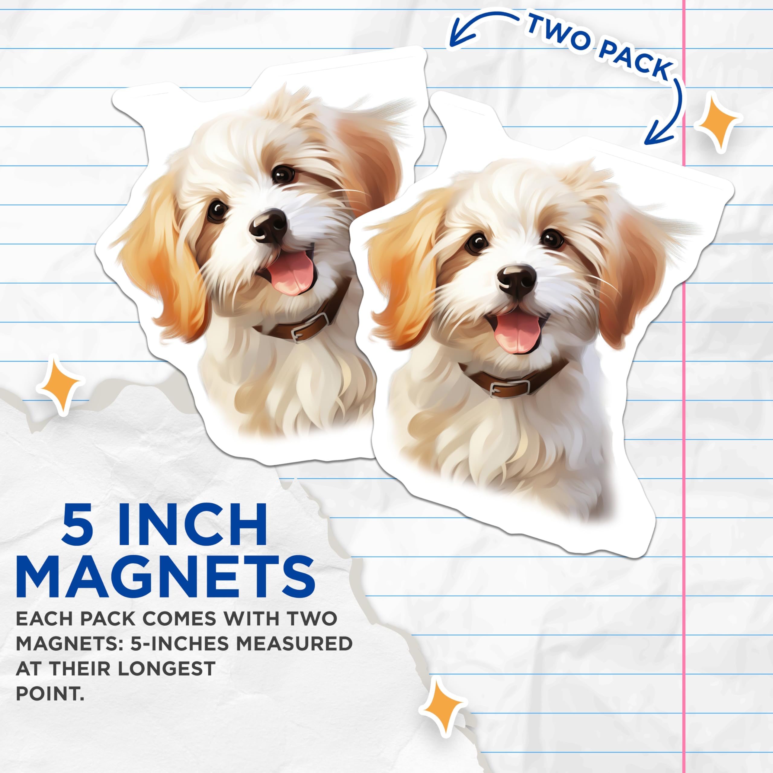 (2 Pack) Cute Puppy Magnets - Fluffy Dog Art - Dog Lover Decor - Pet Parent Accessory - Happy Animal Accent - 5 Inches On Longest Side - Thick Durable Magnet - Made in USA - MAG30403